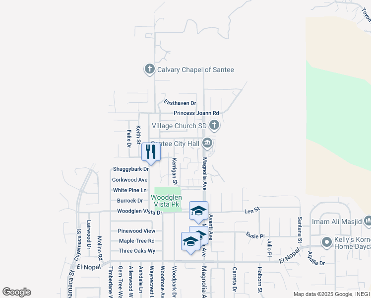 map of restaurants, bars, coffee shops, grocery stores, and more near 10643 King Phillip Court in Santee