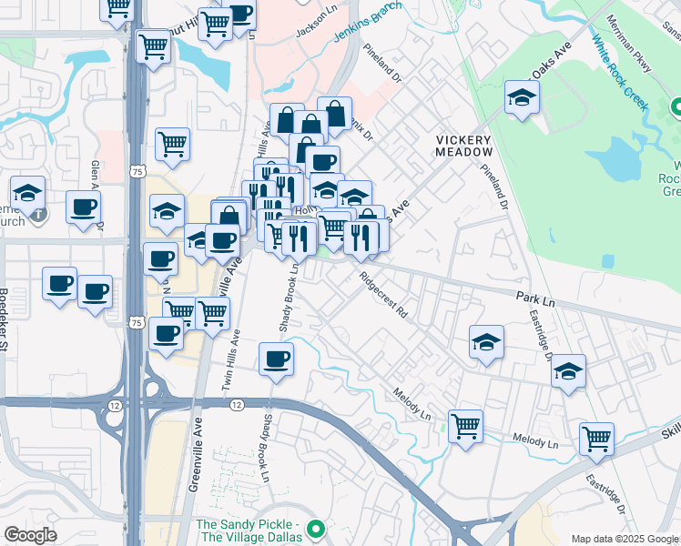 map of restaurants, bars, coffee shops, grocery stores, and more near 8347 Park Lane in Dallas