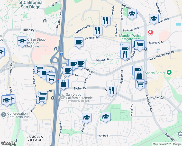 map of restaurants, bars, coffee shops, grocery stores, and more near 3780 La Jolla Village Drive in San Diego