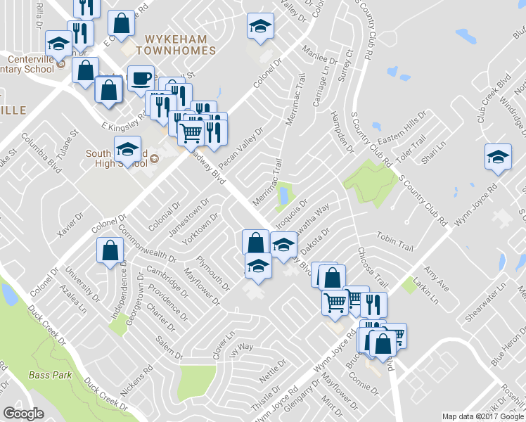 map of restaurants, bars, coffee shops, grocery stores, and more near 1201 Merrimac Trail in Garland