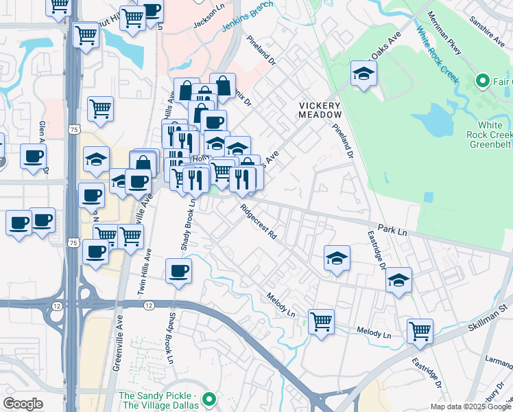 map of restaurants, bars, coffee shops, grocery stores, and more near 8405 Park Lane in Dallas