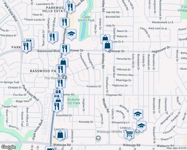 map of restaurants, bars, coffee shops, grocery stores, and more near 6924 Constitution Drive in Watauga