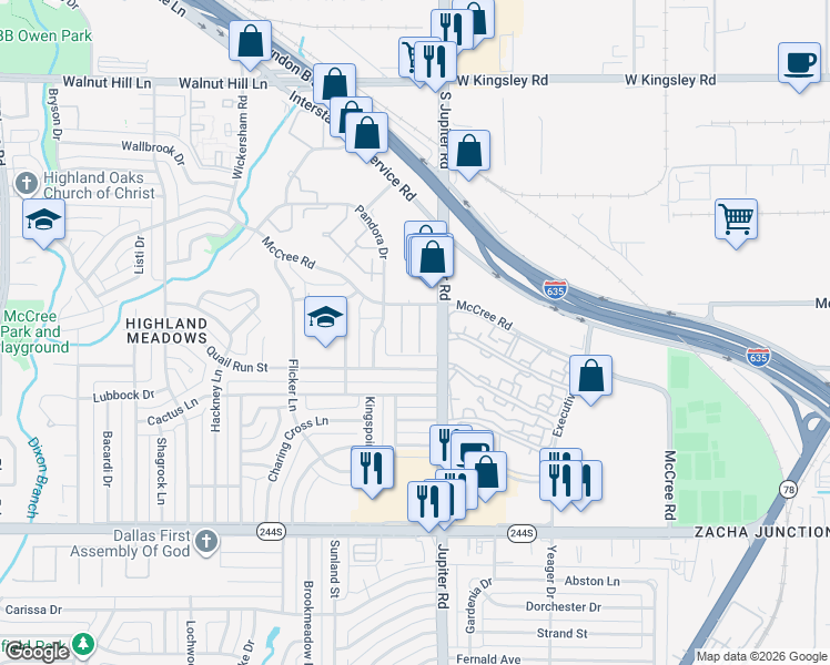 map of restaurants, bars, coffee shops, grocery stores, and more near 12825 Jupiter Road in Dallas