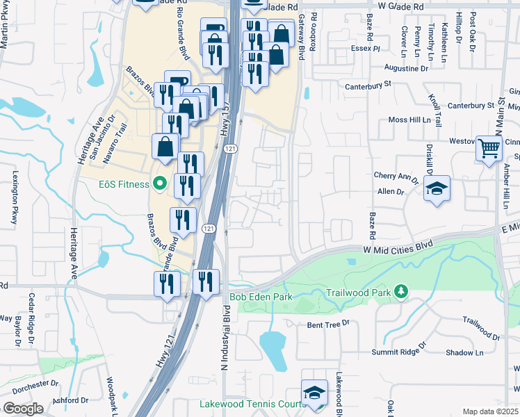 map of restaurants, bars, coffee shops, grocery stores, and more near 2400 Texas 121 in Euless