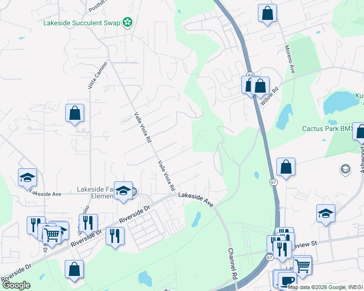 map of restaurants, bars, coffee shops, grocery stores, and more near 12212 Rockstream Road in Lakeside