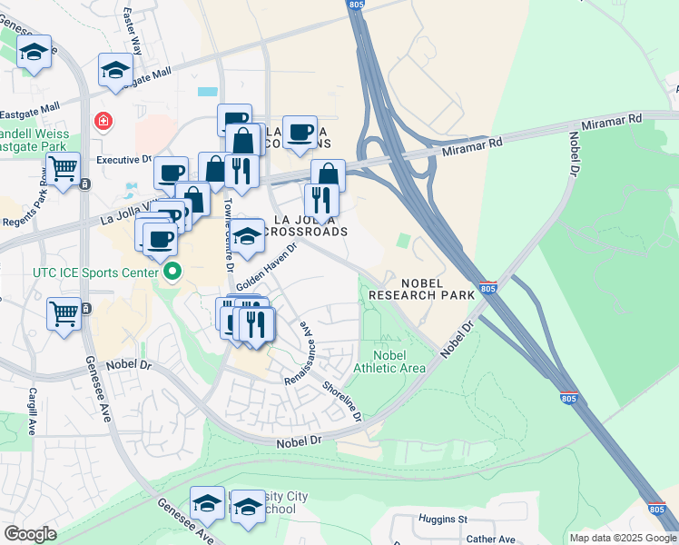 map of restaurants, bars, coffee shops, grocery stores, and more near 5280 Fiore Terrace in San Diego