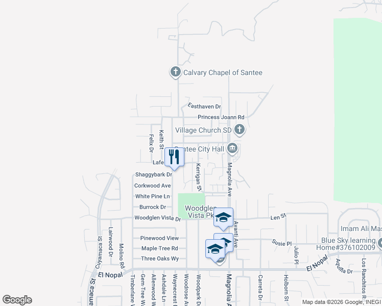 map of restaurants, bars, coffee shops, grocery stores, and more near 10165 Kerrigan Street in Santee