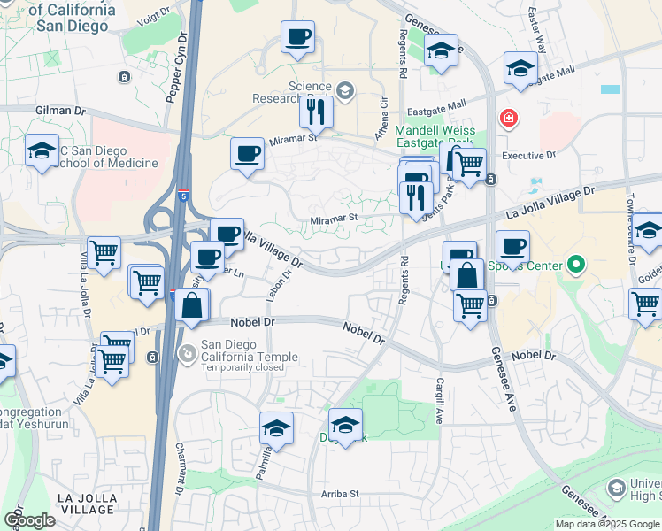 map of restaurants, bars, coffee shops, grocery stores, and more near 3906 La Jolla Village Drive in San Diego