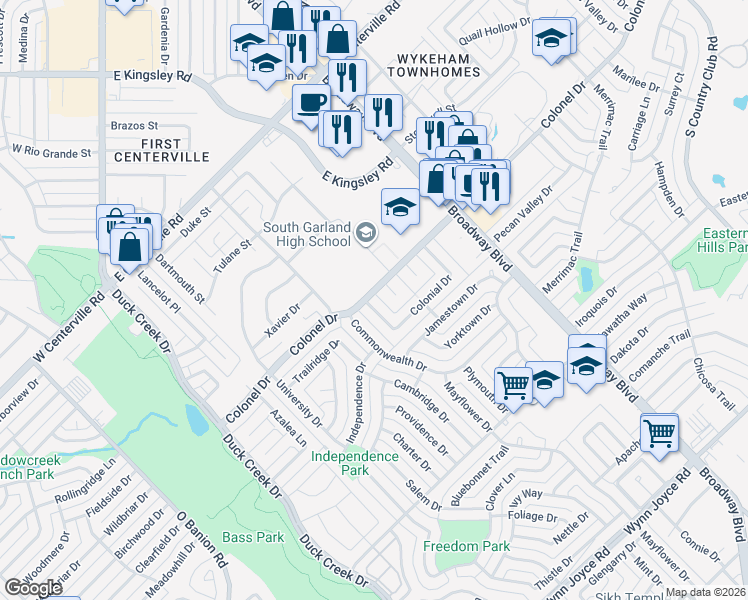 map of restaurants, bars, coffee shops, grocery stores, and more near 401 Colonial Drive in Garland