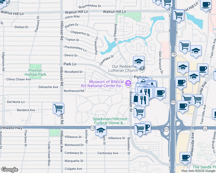 map of restaurants, bars, coffee shops, grocery stores, and more near 16 Grovenor Court in Dallas