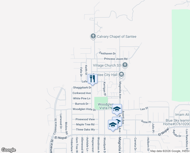 map of restaurants, bars, coffee shops, grocery stores, and more near 10638 Ironwood Avenue in Santee