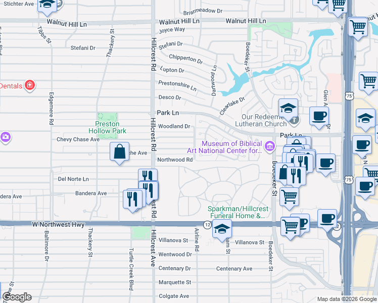 map of restaurants, bars, coffee shops, grocery stores, and more near 7319 Lane Park Court in Dallas