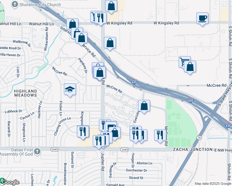 map of restaurants, bars, coffee shops, grocery stores, and more near 11440 McCree Road in Dallas