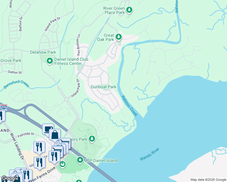 map of restaurants, bars, coffee shops, grocery stores, and more near 370 Ralston Creek Street in Charleston