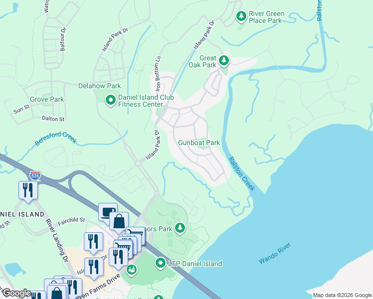 map of restaurants, bars, coffee shops, grocery stores, and more near 207 Ferryman Lane in Charleston