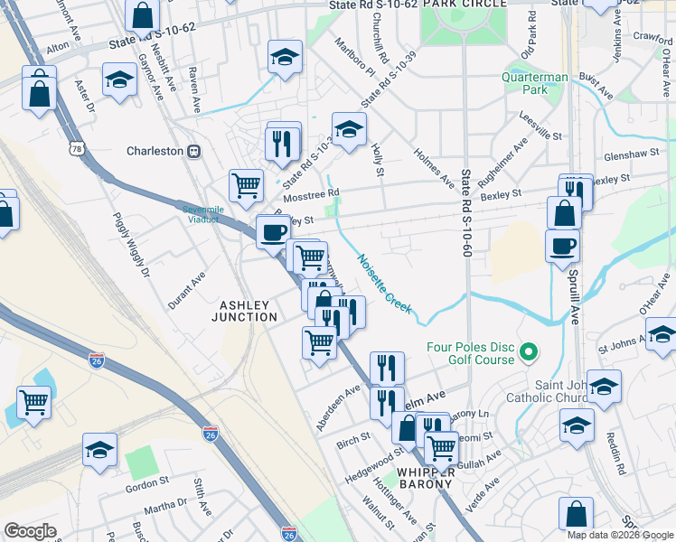 map of restaurants, bars, coffee shops, grocery stores, and more near 4209 Kelly Street in North Charleston