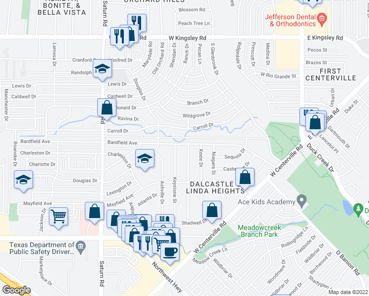 map of restaurants, bars, coffee shops, grocery stores, and more near 709 Bardfield Avenue in Garland
