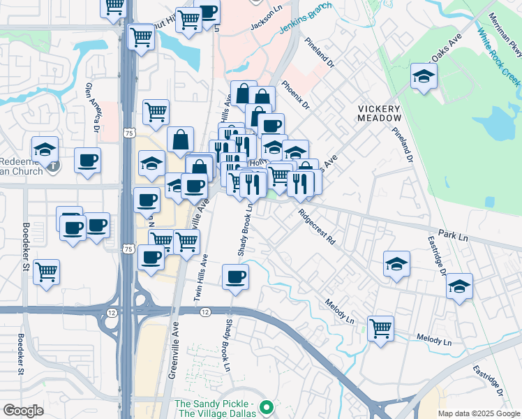 map of restaurants, bars, coffee shops, grocery stores, and more near 8316 Park Lane in Dallas