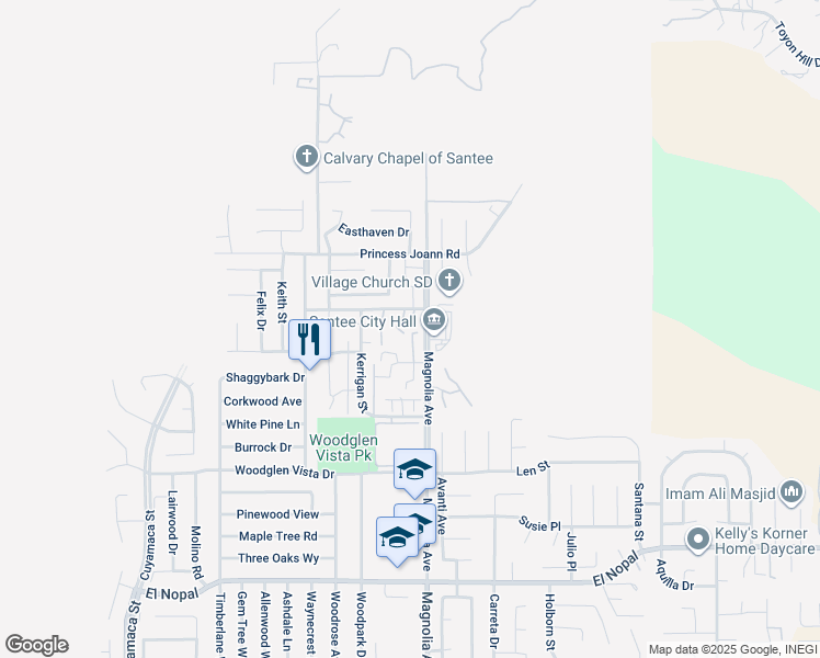 map of restaurants, bars, coffee shops, grocery stores, and more near 10636 Queen Jessica Lane in Santee