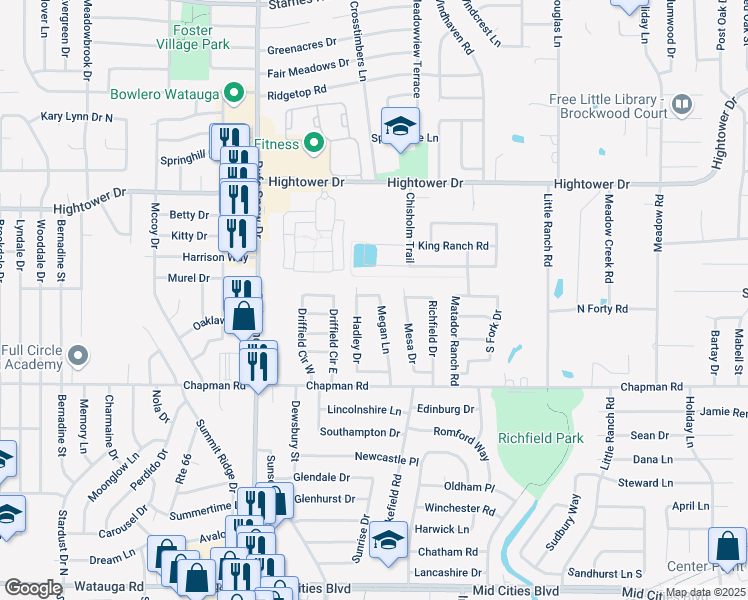 map of restaurants, bars, coffee shops, grocery stores, and more near 6848 Megan Lane in North Richland Hills