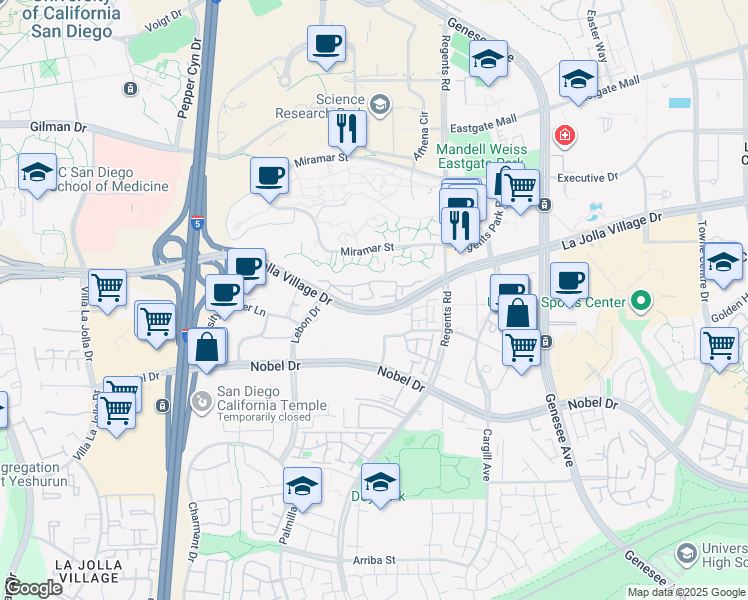 map of restaurants, bars, coffee shops, grocery stores, and more near 3918 La Jolla Village Drive in San Diego