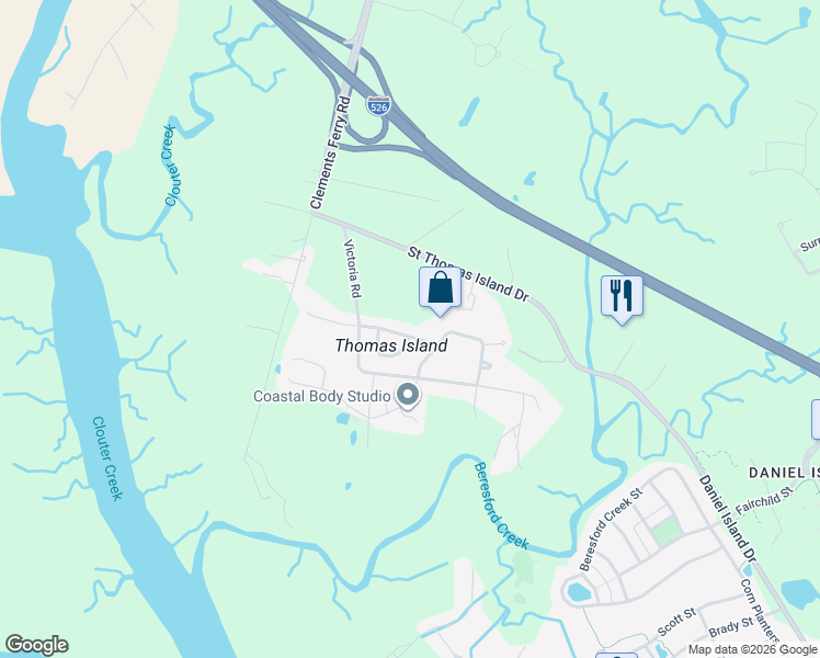 map of restaurants, bars, coffee shops, grocery stores, and more near 218 Clouter Creek Drive in Charleston