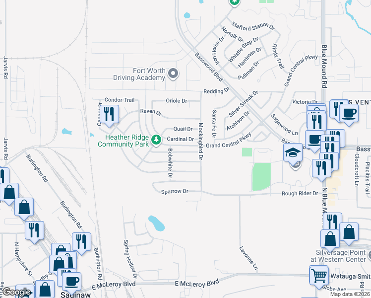 map of restaurants, bars, coffee shops, grocery stores, and more near 741 Cardinal Drive in Saginaw
