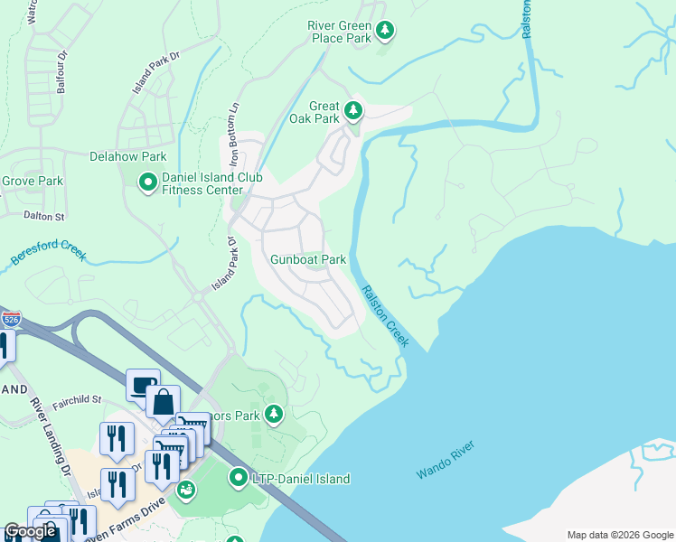 map of restaurants, bars, coffee shops, grocery stores, and more near 370 Ralston Creek Street in Charleston