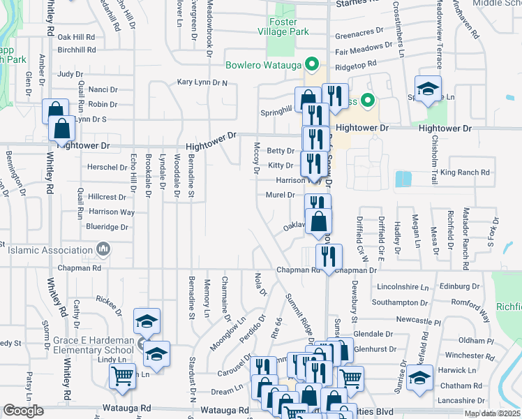 map of restaurants, bars, coffee shops, grocery stores, and more near 6832 Mccoy Drive in Watauga