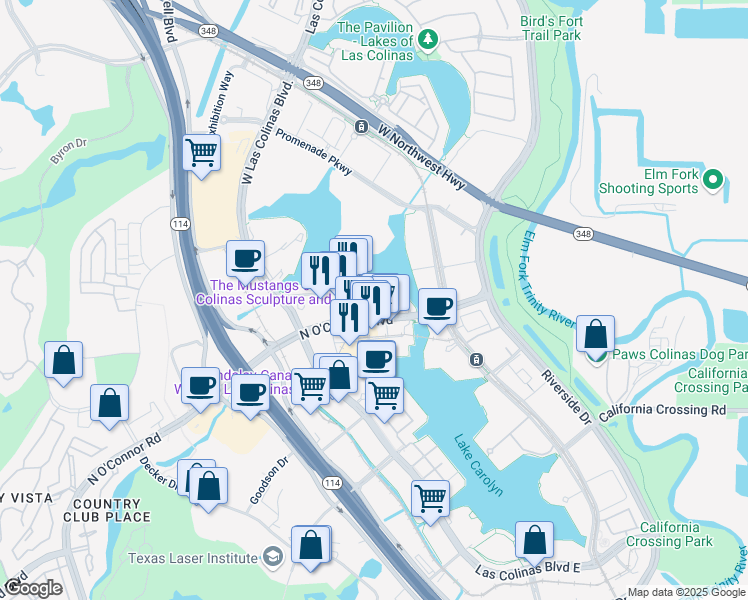 map of restaurants, bars, coffee shops, grocery stores, and more near 5221 North O'Connor Boulevard in Irving