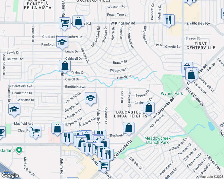 map of restaurants, bars, coffee shops, grocery stores, and more near 709 Bardfield Avenue in Garland