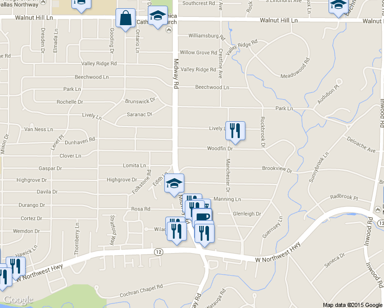 map of restaurants, bars, coffee shops, grocery stores, and more near 4230 Woodfin Drive in Dallas