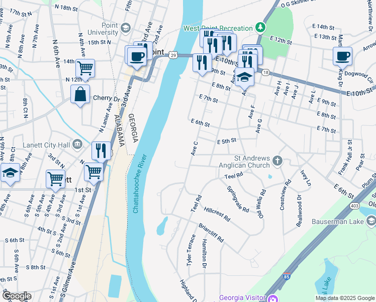 map of restaurants, bars, coffee shops, grocery stores, and more near 406 Avenue C in West Point