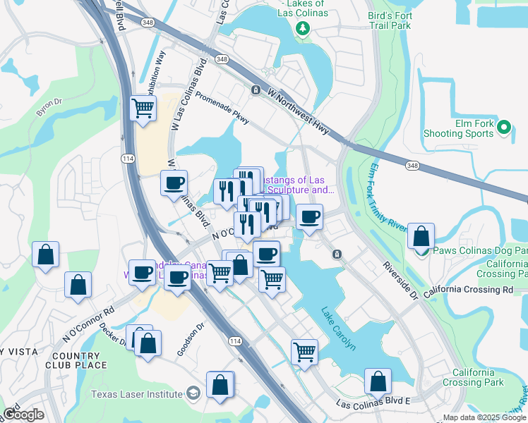 map of restaurants, bars, coffee shops, grocery stores, and more near 5221 North O'Connor Boulevard in Irving