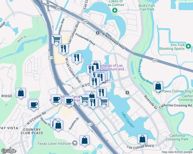 map of restaurants, bars, coffee shops, grocery stores, and more near 5205 North O'Connor Boulevard in Irving
