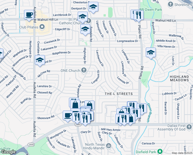 map of restaurants, bars, coffee shops, grocery stores, and more near 9034 Lydgate Drive in Dallas