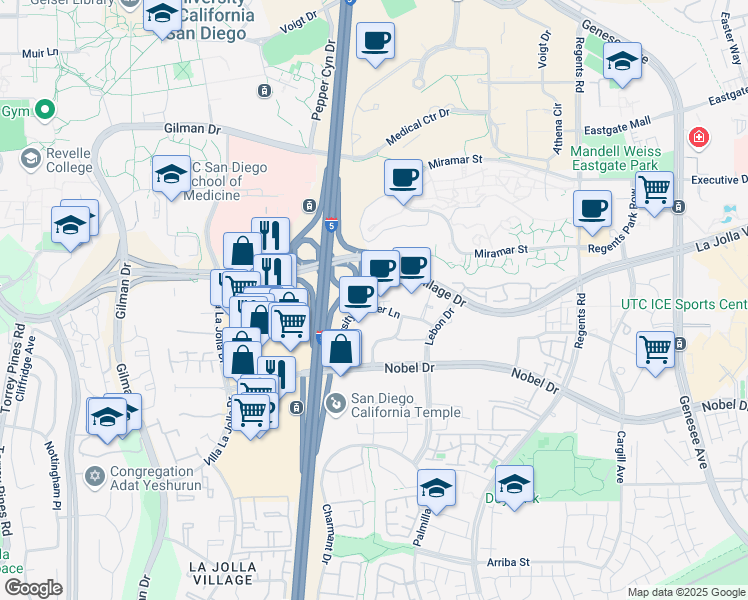 map of restaurants, bars, coffee shops, grocery stores, and more near 8910 University Center Lane in San Diego