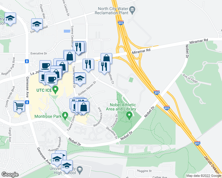 map of restaurants, bars, coffee shops, grocery stores, and more near 5280 Fiore Terrace in San Diego
