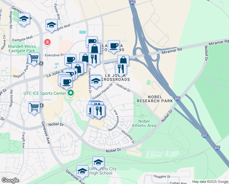 map of restaurants, bars, coffee shops, grocery stores, and more near 5223 Golden Haven Drive in San Diego