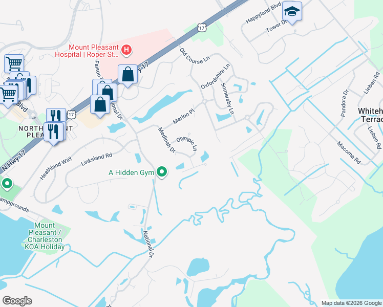 map of restaurants, bars, coffee shops, grocery stores, and more near 1248 Medinah Drive in Mount Pleasant