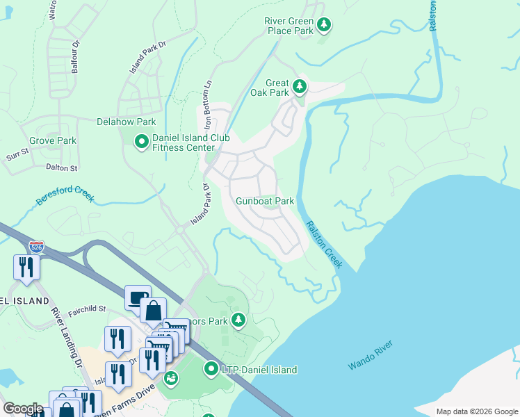 map of restaurants, bars, coffee shops, grocery stores, and more near 335 Gunboat Lane in Charleston