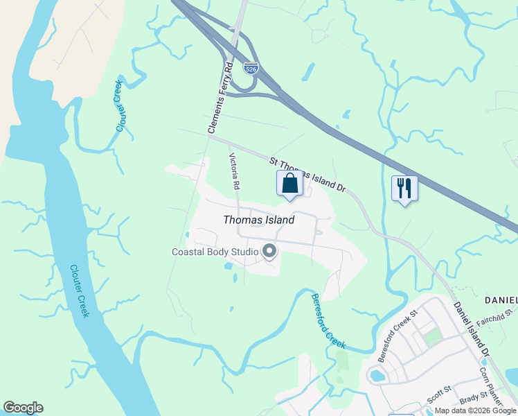 map of restaurants, bars, coffee shops, grocery stores, and more near 202 Clouter Creek Drive in Charleston