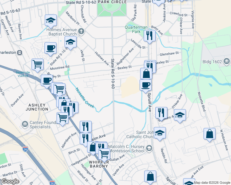 map of restaurants, bars, coffee shops, grocery stores, and more near 4180 State Road S-10-60 in North Charleston