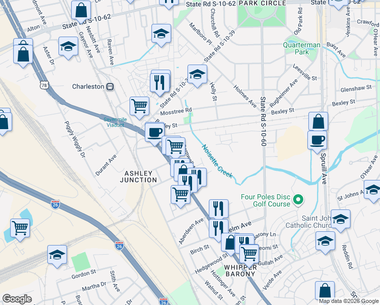 map of restaurants, bars, coffee shops, grocery stores, and more near 4233 Barnwell Avenue in North Charleston