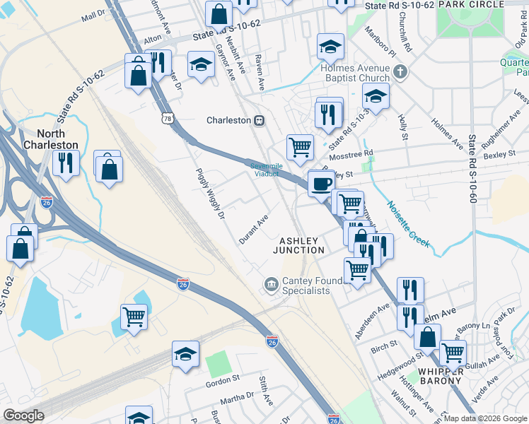 map of restaurants, bars, coffee shops, grocery stores, and more near 4311 North Jimtown Drive in North Charleston