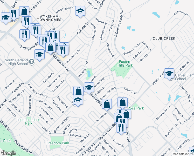 map of restaurants, bars, coffee shops, grocery stores, and more near 1417 Iroquois Drive in Garland