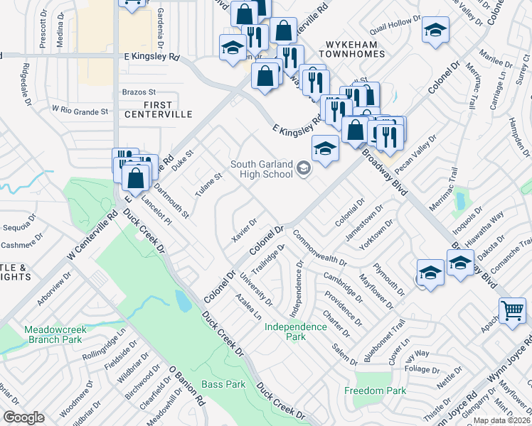 map of restaurants, bars, coffee shops, grocery stores, and more near 309 Xavier Drive in Garland
