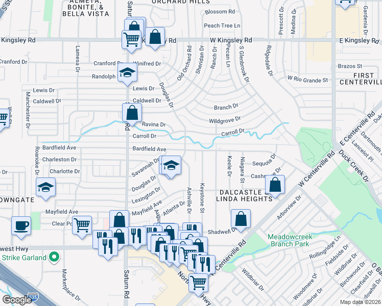 map of restaurants, bars, coffee shops, grocery stores, and more near 1101 Bardfield Avenue in Garland