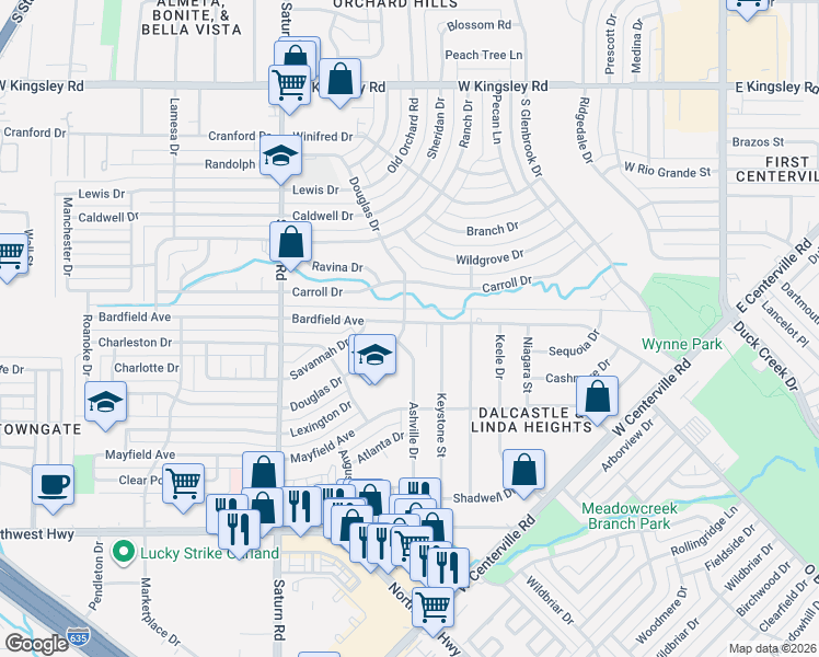 map of restaurants, bars, coffee shops, grocery stores, and more near 1101 Bardfield Avenue in Garland