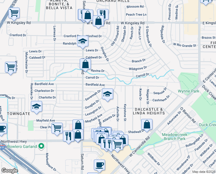 map of restaurants, bars, coffee shops, grocery stores, and more near 1201 Bardfield Avenue in Garland